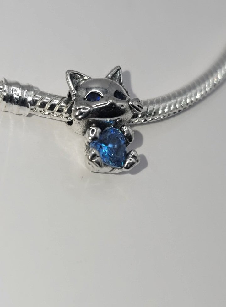 Authentic L'Amour Sterling Silver Cat Kitten Holding A Blue Gem π Charm