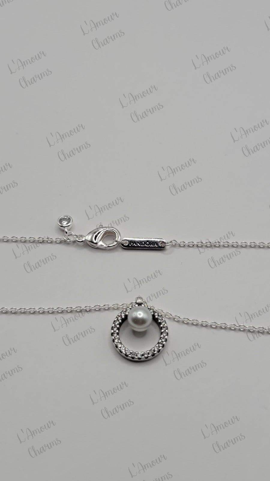 New Authentic PANDORA 925 Pearl & Pave Halo Stud Earrings Necklace Jewelry Set