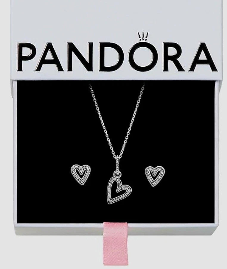 New Pandora Sparkling Heart Necklace & Earrings Gift Set with Box