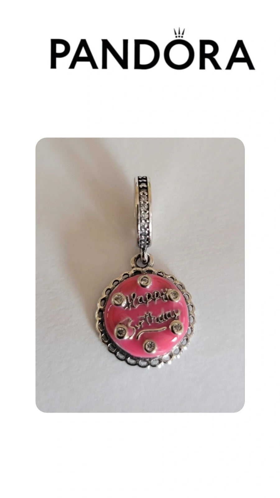 Authentic Pandora #798888C01 Pink Birthday Cake Dangle Charm with CZ W/ Box A45