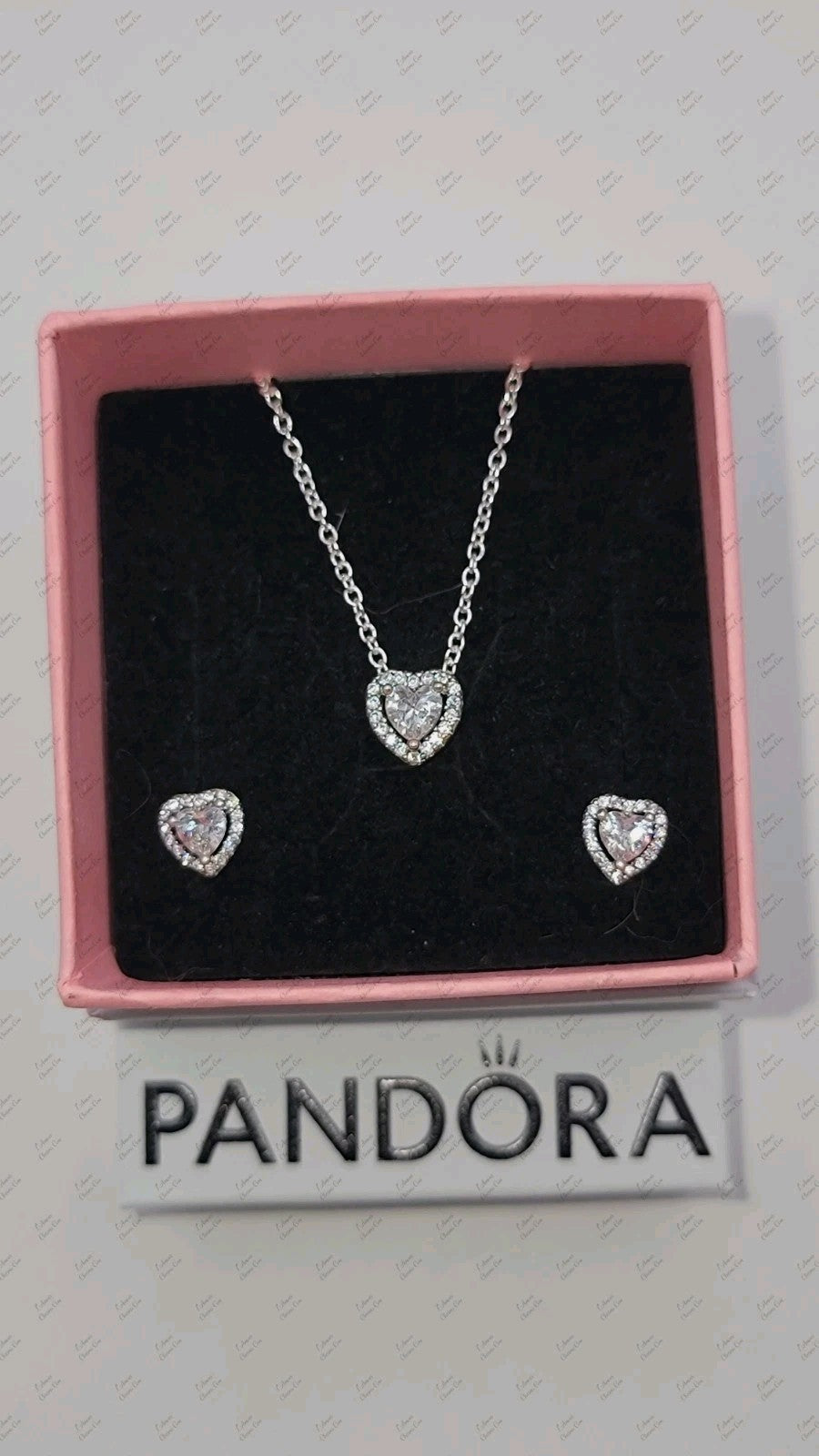 Authentic PANDORA Sparkle Crystal Elevated Heart Pendant Necklace & Earrings Set