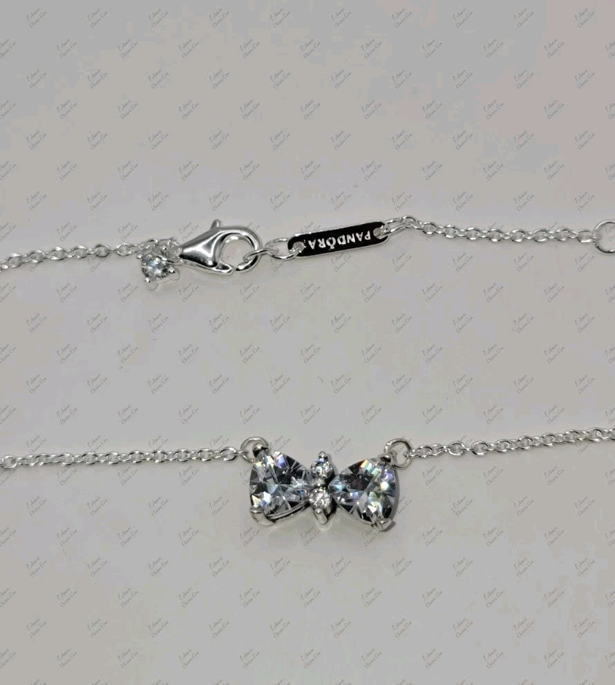 Authentic PANDORA Sparkling Bow Stud Earrings Necklace Gift Set B802516 W/ Box