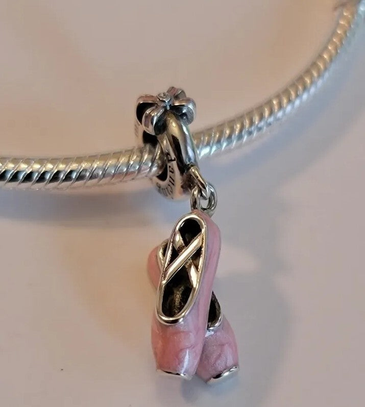 Authentic L'Amour Sterling Silver Pink Ballet Shoes Charm Ballerina Pendant 🔅