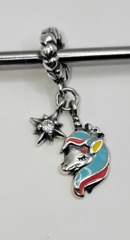 Authentic L'Amour Sterling Silver Pink Star Unicorn Dangle Charm A57