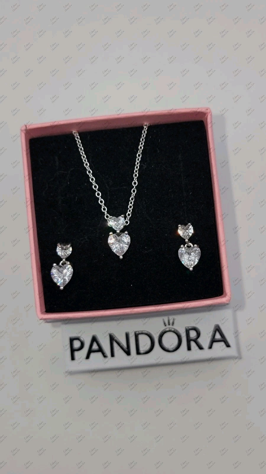 Authentic PANDORA Double Heart Pendant Sparkling Collier Necklace & Earrings Set