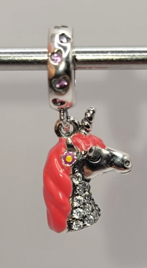Authentic L'Amour Sterling Silver Sparkling Pink Unicorn Dangle Charm - A59