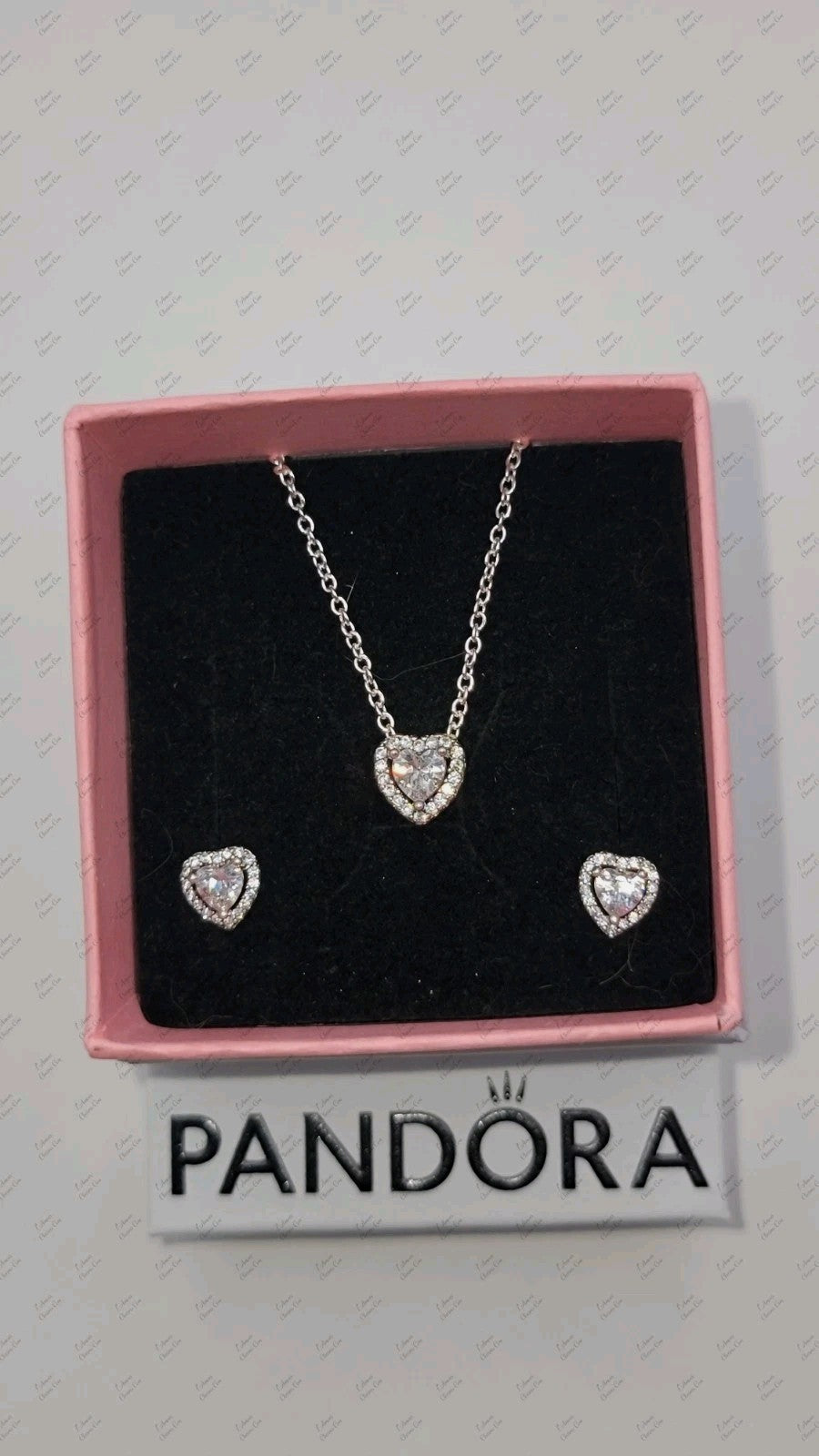 Authentic PANDORA Sparkle Crystal Elevated Heart Pendant Necklace & Earrings Set