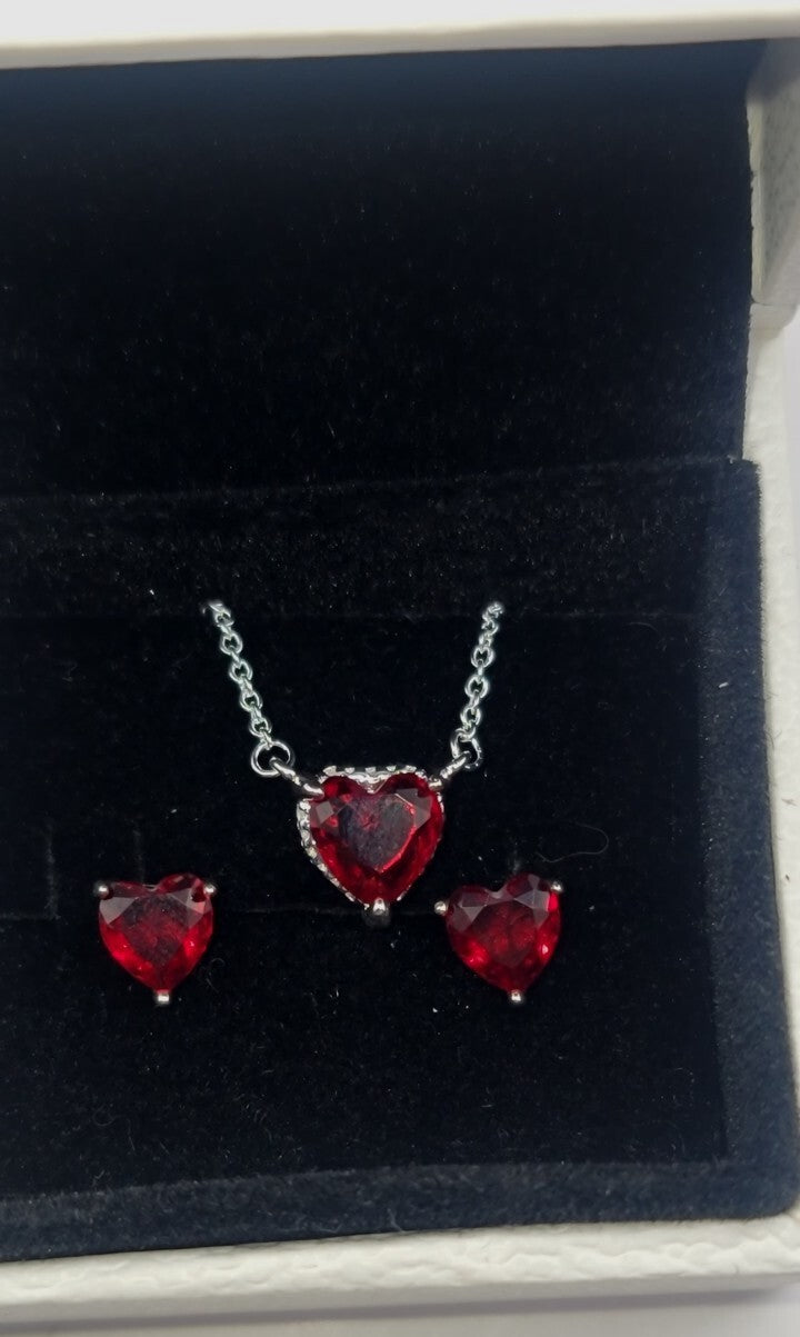 Authentic Pandora Sparkle Heart Halo Pendant Necklace & Heart Earrings Gift Set