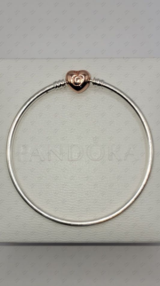 Authentic Pandora Bangle Bracelet with Two-Tone Heart Clasp #596268 W/Box 7.9' 