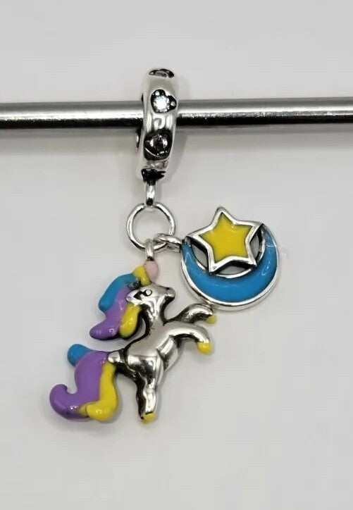 Authentic L'Amour Sterling Silver Unicorn, Moon & Star Dangle Charm A58