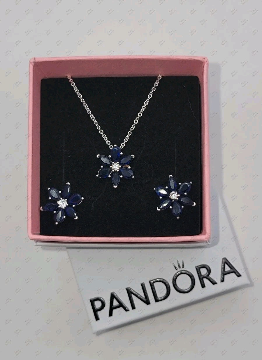 Authentic PANDORA Sparkling Blue Herbarium Cluster Necklace & Earrings Gift Set