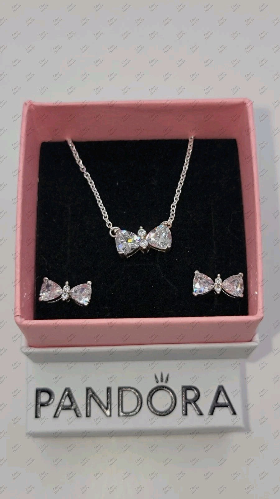 Authentic PANDORA Sparkling Bow Stud Earrings Necklace Gift Set B802516 W/ Box