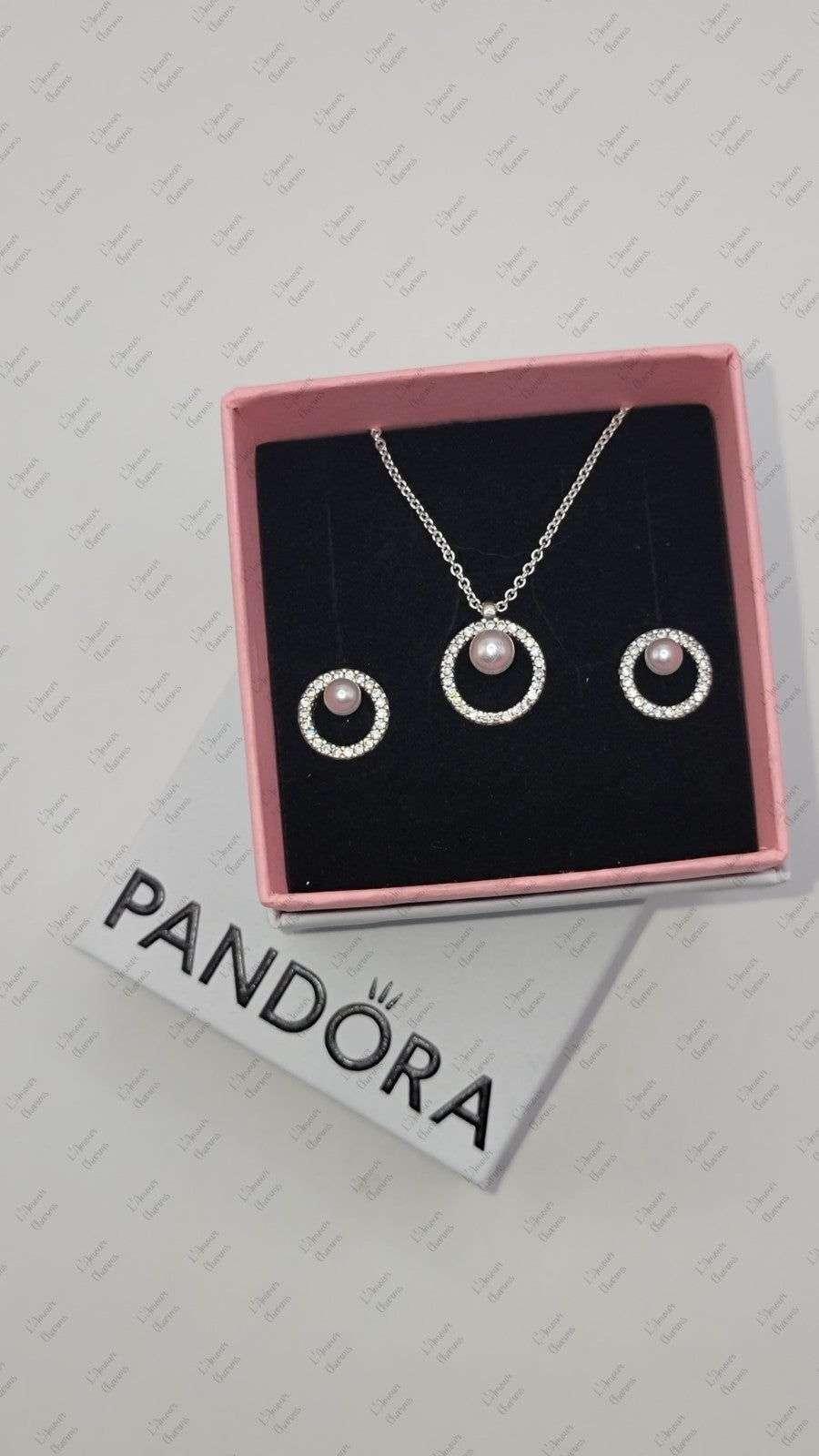 New Authentic PANDORA 925 Pearl & Pave Halo Stud Earrings Necklace Jewelry  Set