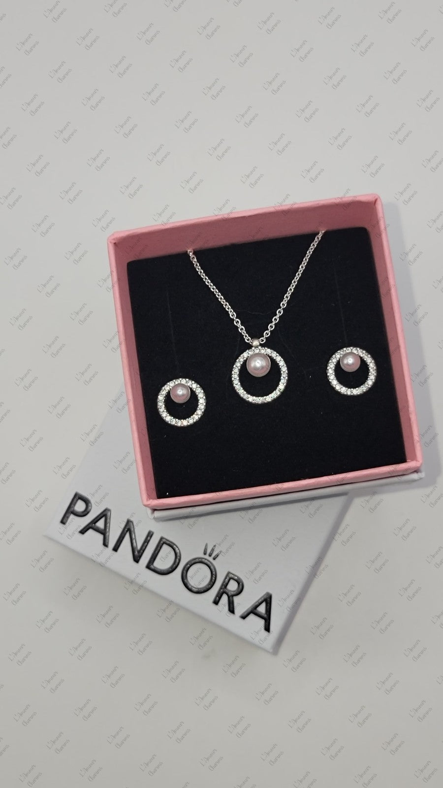 New Authentic PANDORA 925 Pearl & Pave Halo Stud Earrings Necklace Jewelry  Set