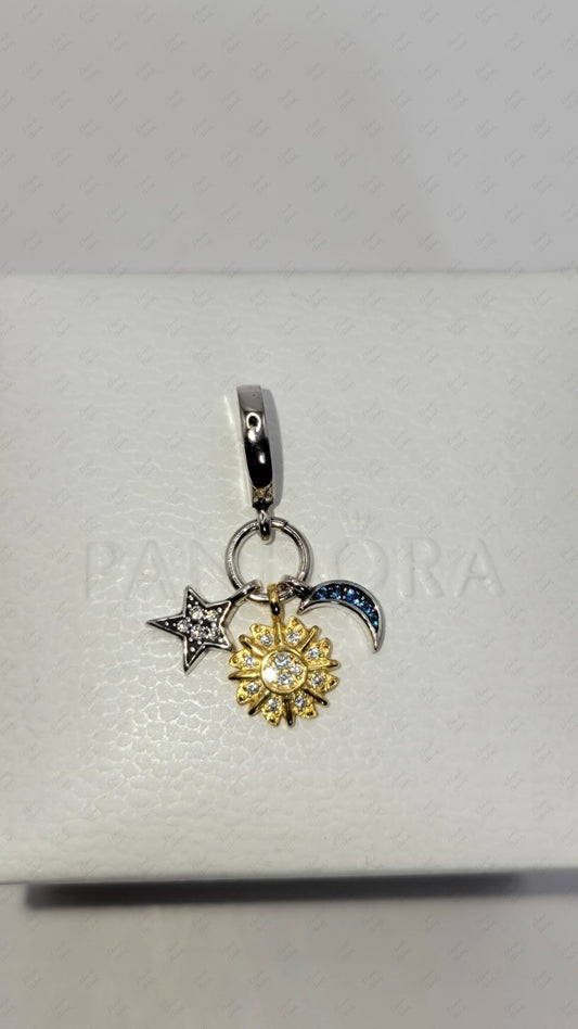 Autenthic PANDORA 762676C01 Celestial Sun Star Moon Tripple Charm W/ Box B36