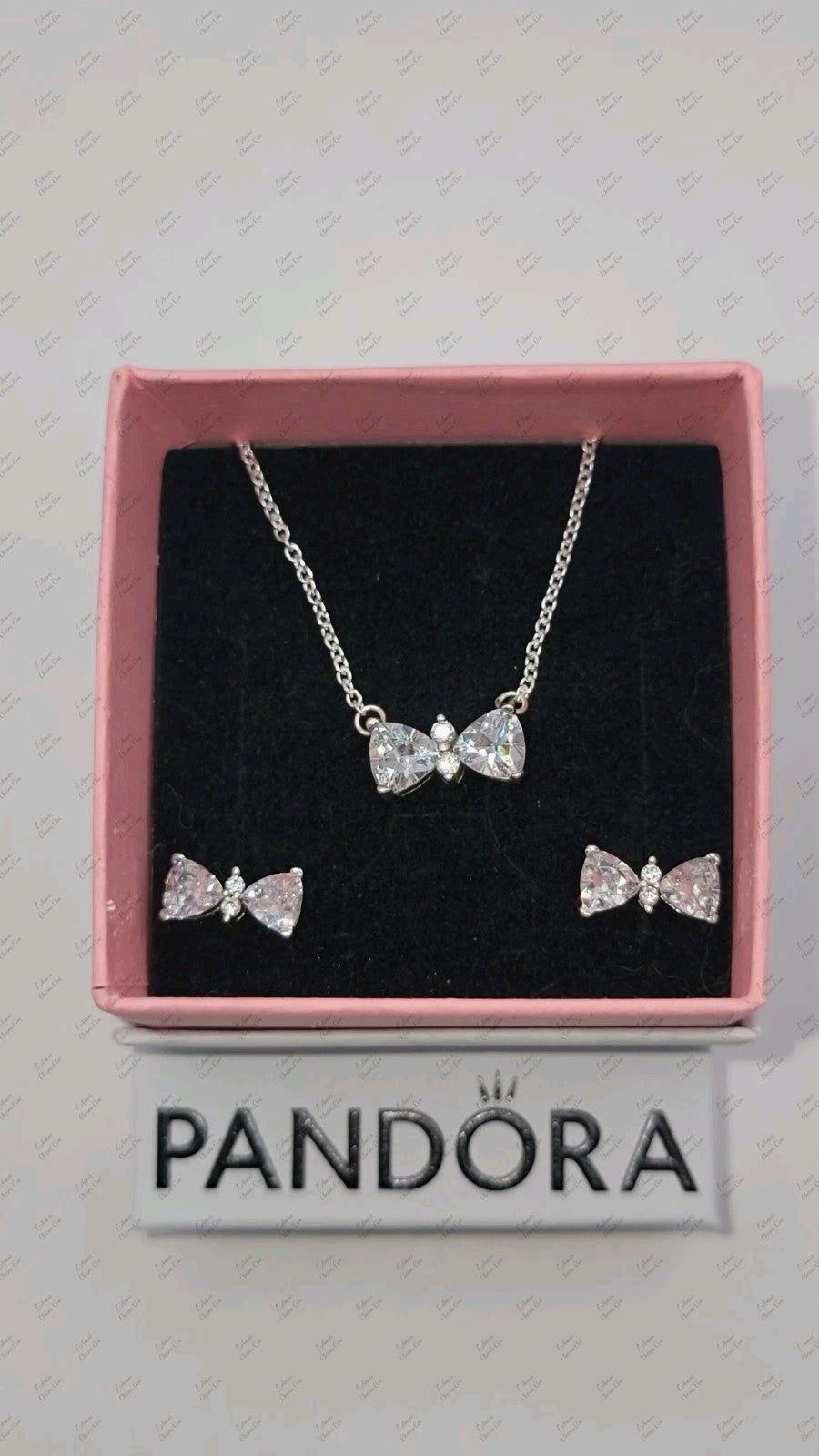 Authentic PANDORA Sparkling Bow Stud Earrings Necklace Gift Set B802516 W/ Box