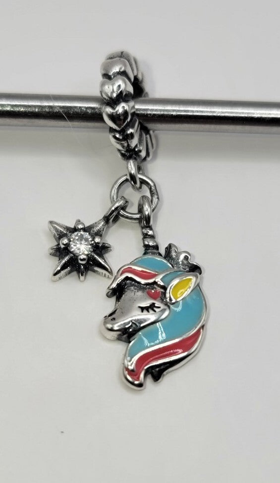 Authentic L'Amour Sterling Silver Pink Star Unicorn Dangle Charm A57