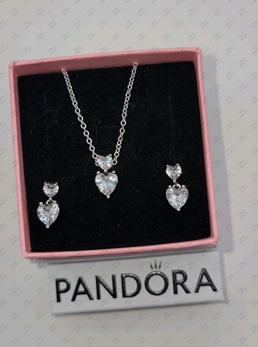 Authentic PANDORA Double Heart Pendant Sparkling Collier Necklace & Earrings Set