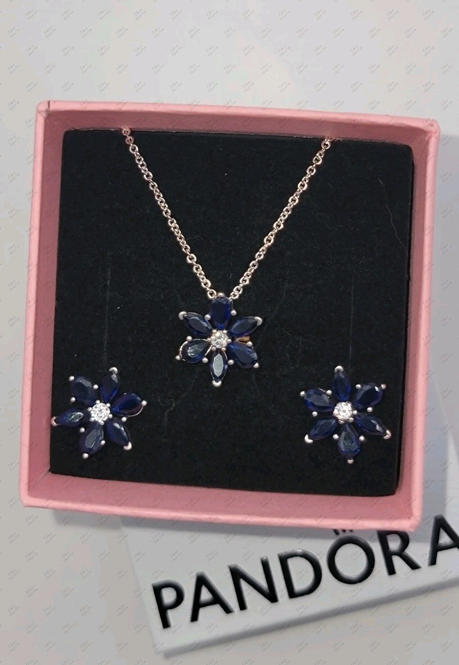 Authentic PANDORA Sparkling Blue Herbarium Cluster Necklace & Earrings Gift Set