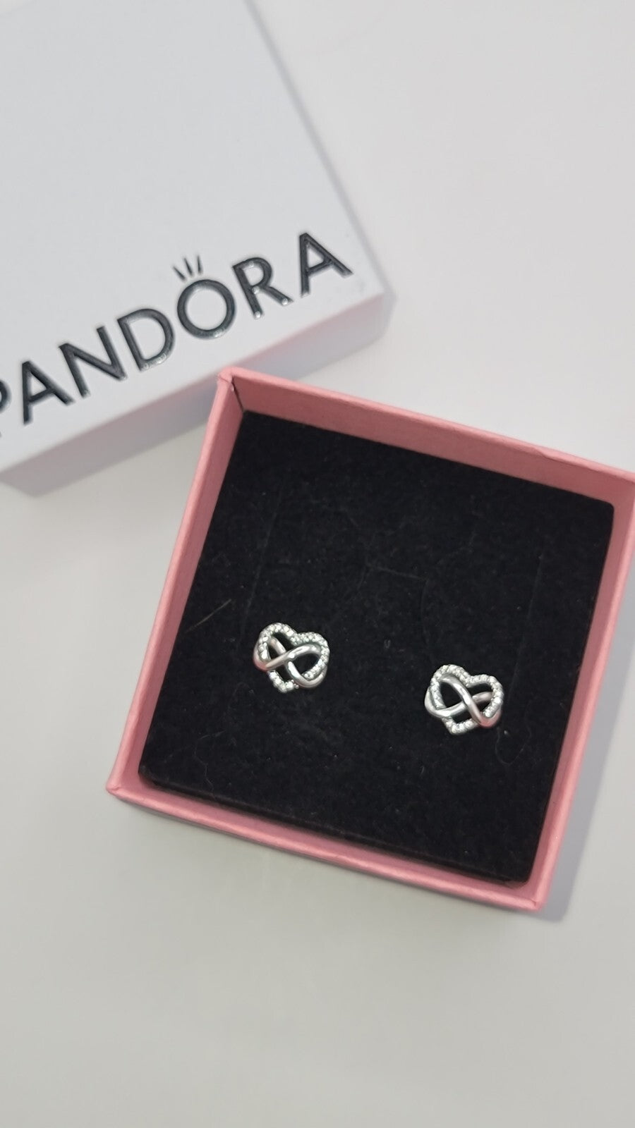 Authentic Pandora #292667C01 Sparkling Infinity Heart Earrings W/ Box