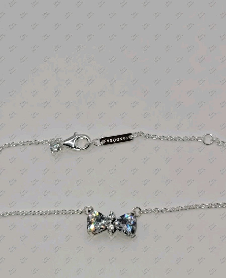 Authentic PANDORA Sparkling Bow Stud Earrings Necklace Gift Set B802516 W/ Box