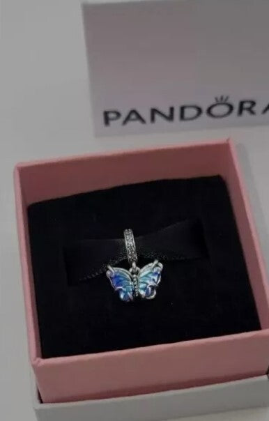 Authentic Pandora #792698C01 Blue Murano Glass Butterfly Dangle Charm in Box