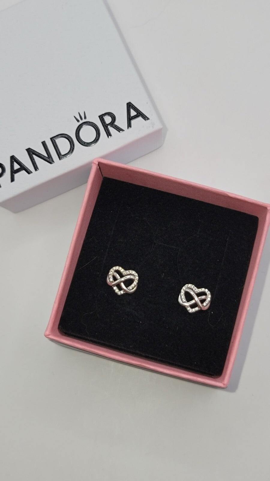 Authentic Pandora #292667C01 Sparkling Infinity Heart Earrings W/ Box