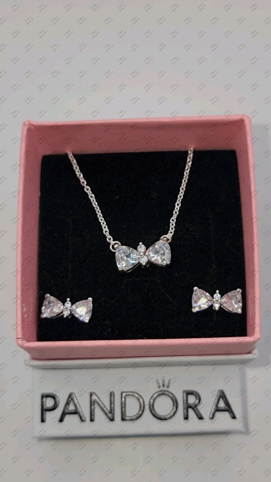 Authentic PANDORA Sparkling Bow Stud Earrings Necklace Gift Set B802516 W/ Box