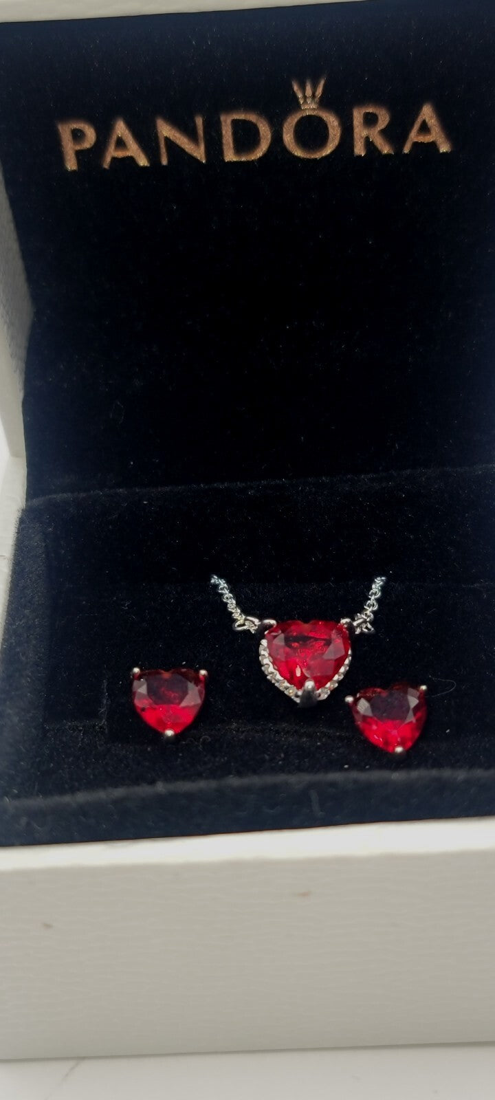 Authentic Pandora Sparkle Heart Halo Pendant Necklace & Heart Earrings Gift Set