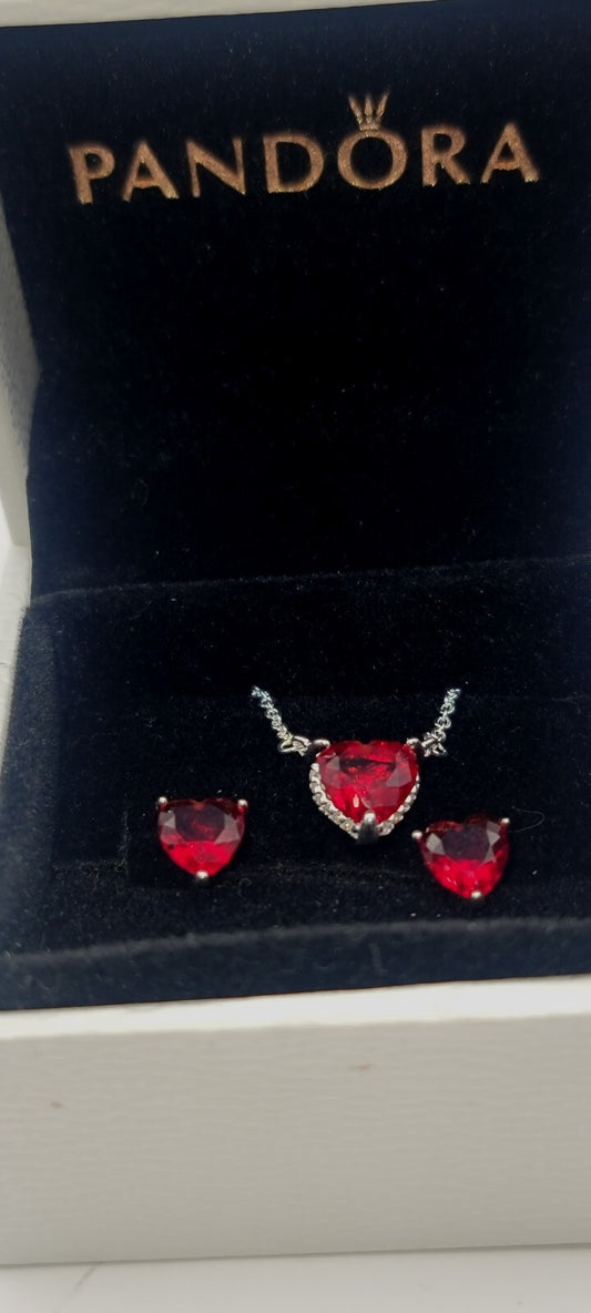 Authentic Pandora Sparkle Heart Halo Pendant Necklace & Heart Earrings Gift Set