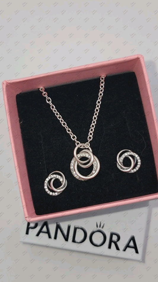 Authentic PANDORA Family Always Encircled Pendant Necklace & Earrings Gift Set 