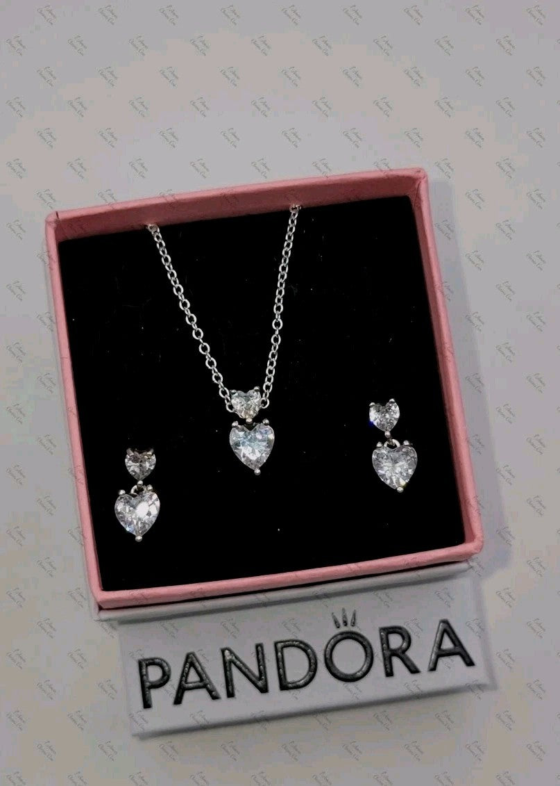 Authentic PANDORA Double Heart Pendant Sparkling Collier Necklace & Earrings Set