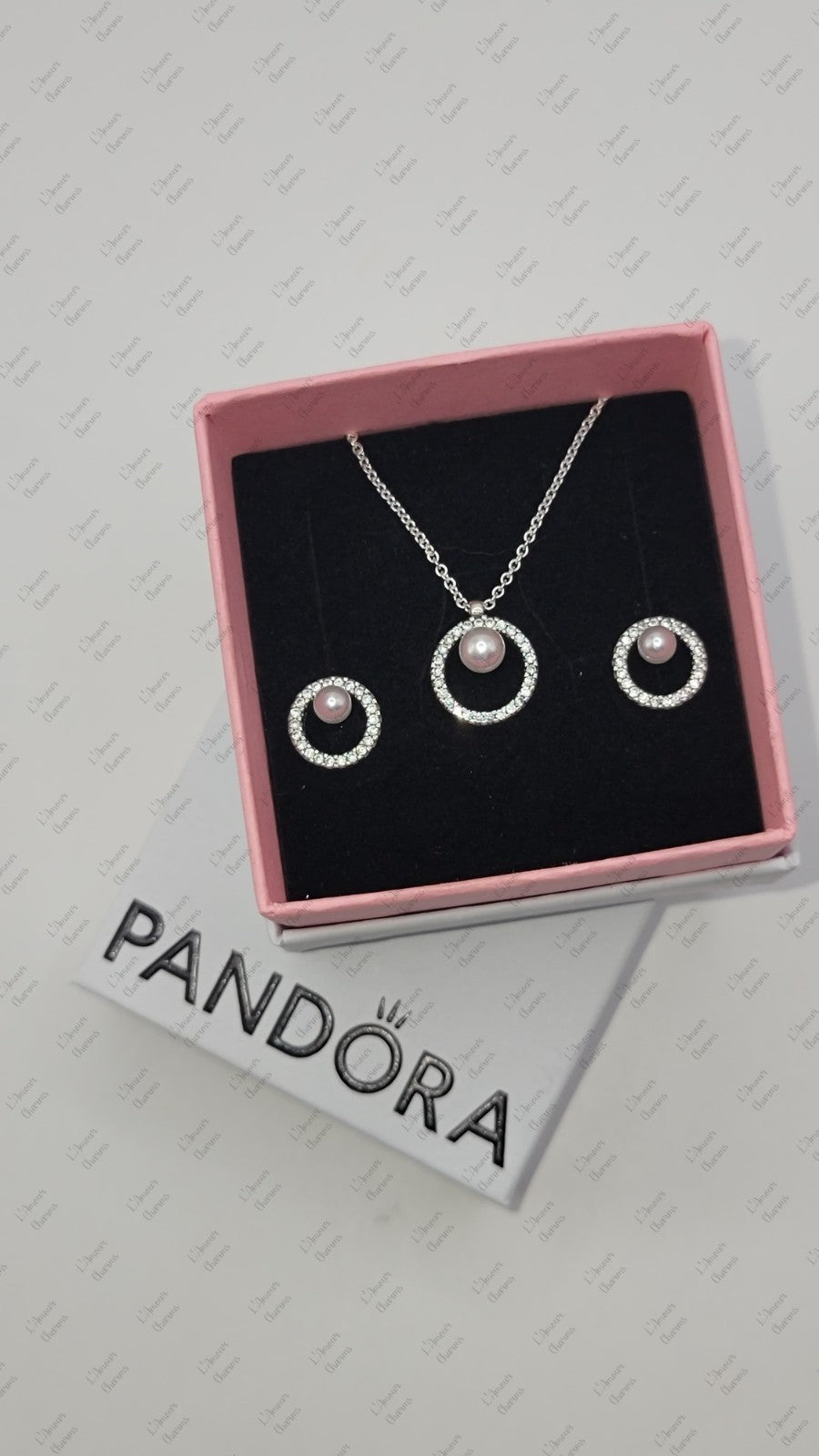 New Authentic PANDORA 925 Pearl & Pave Halo Stud Earrings Necklace Jewelry  Set