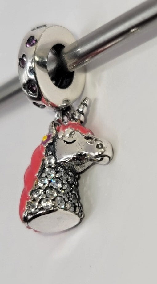 Authentic L'Amour Sterling Silver Sparkling Pink Unicorn Dangle Charm - A59