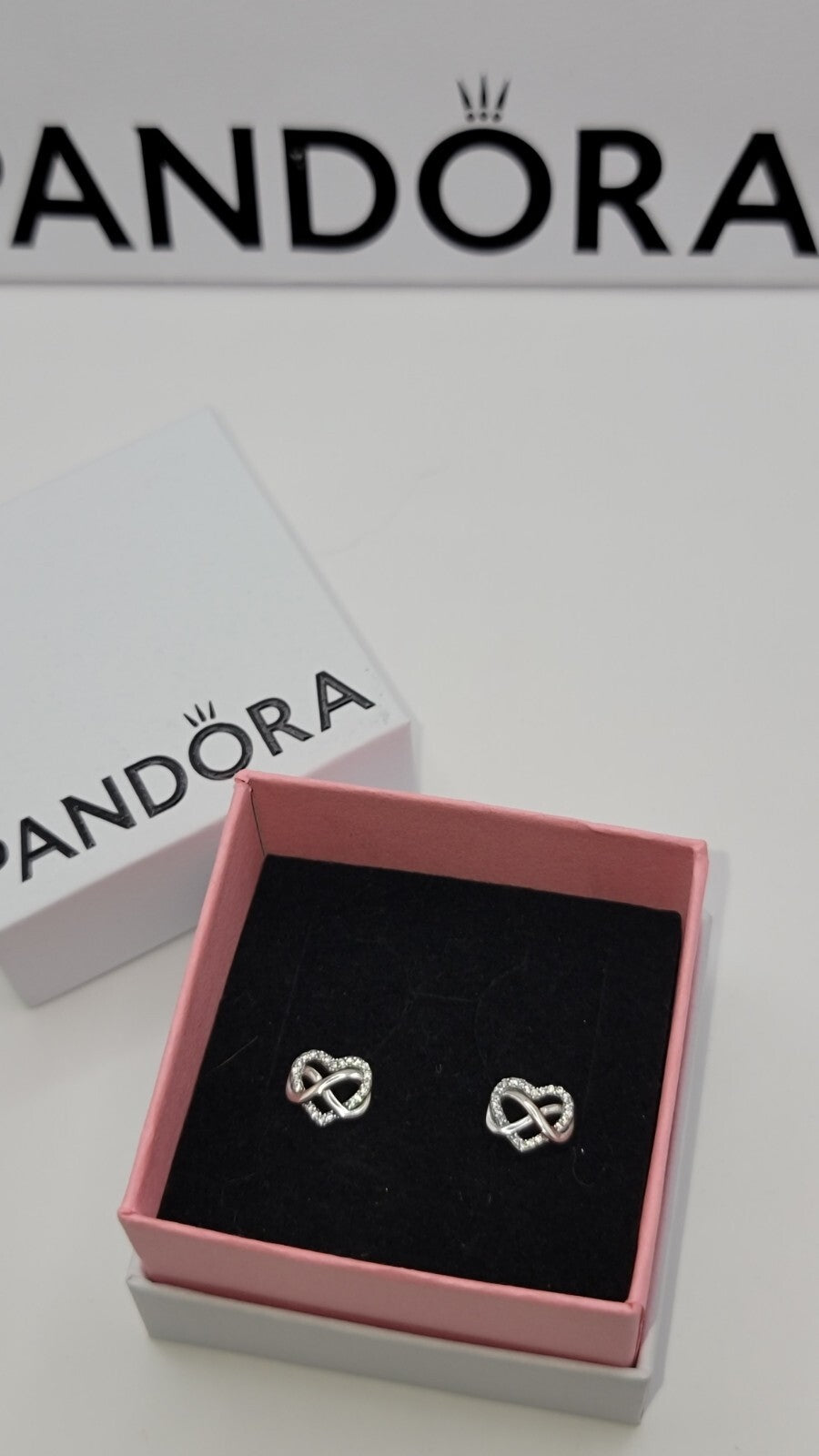 Authentic Pandora #292667C01 Sparkling Infinity Heart Earrings W/ Box