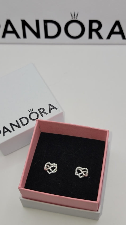 Authentic Pandora #292667C01 Sparkling Infinity Heart Earrings W/ Box