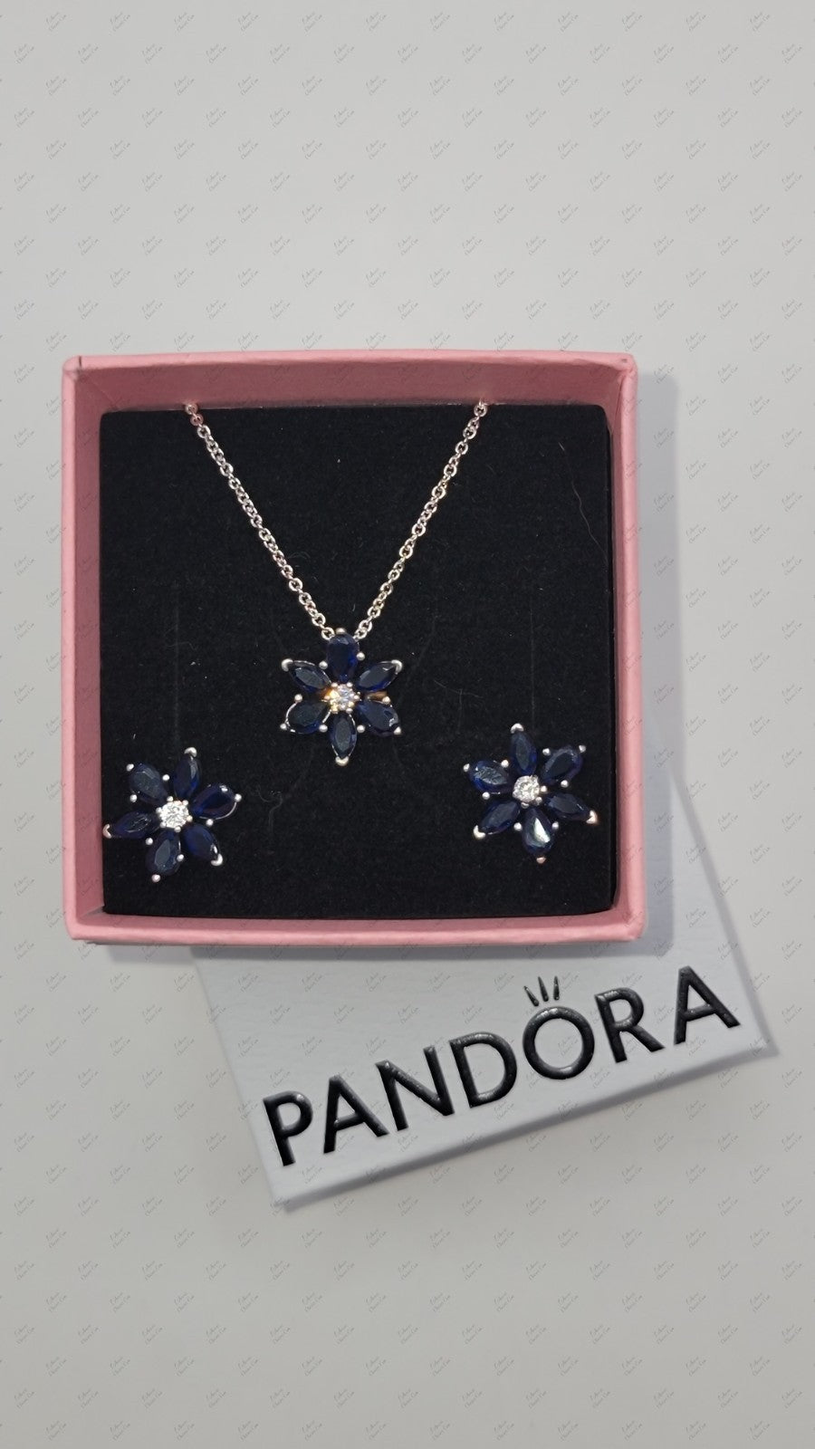 Authentic PANDORA Sparkling Blue Herbarium Cluster Necklace & Earrings Gift Set