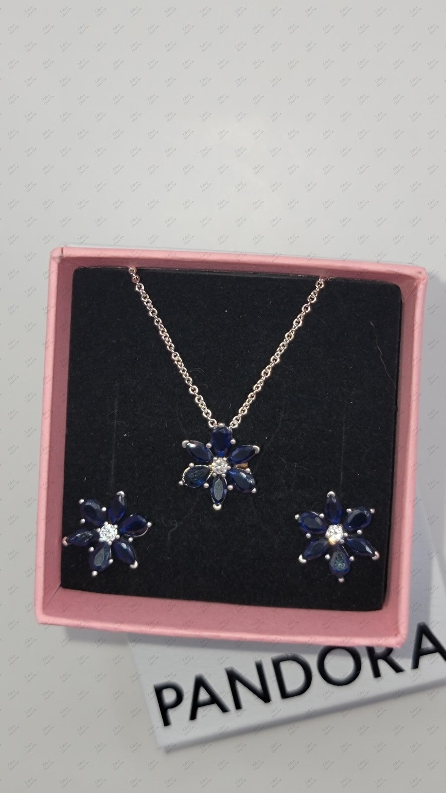 Authentic PANDORA Sparkling Blue Herbarium Cluster Necklace & Earrings Gift Set