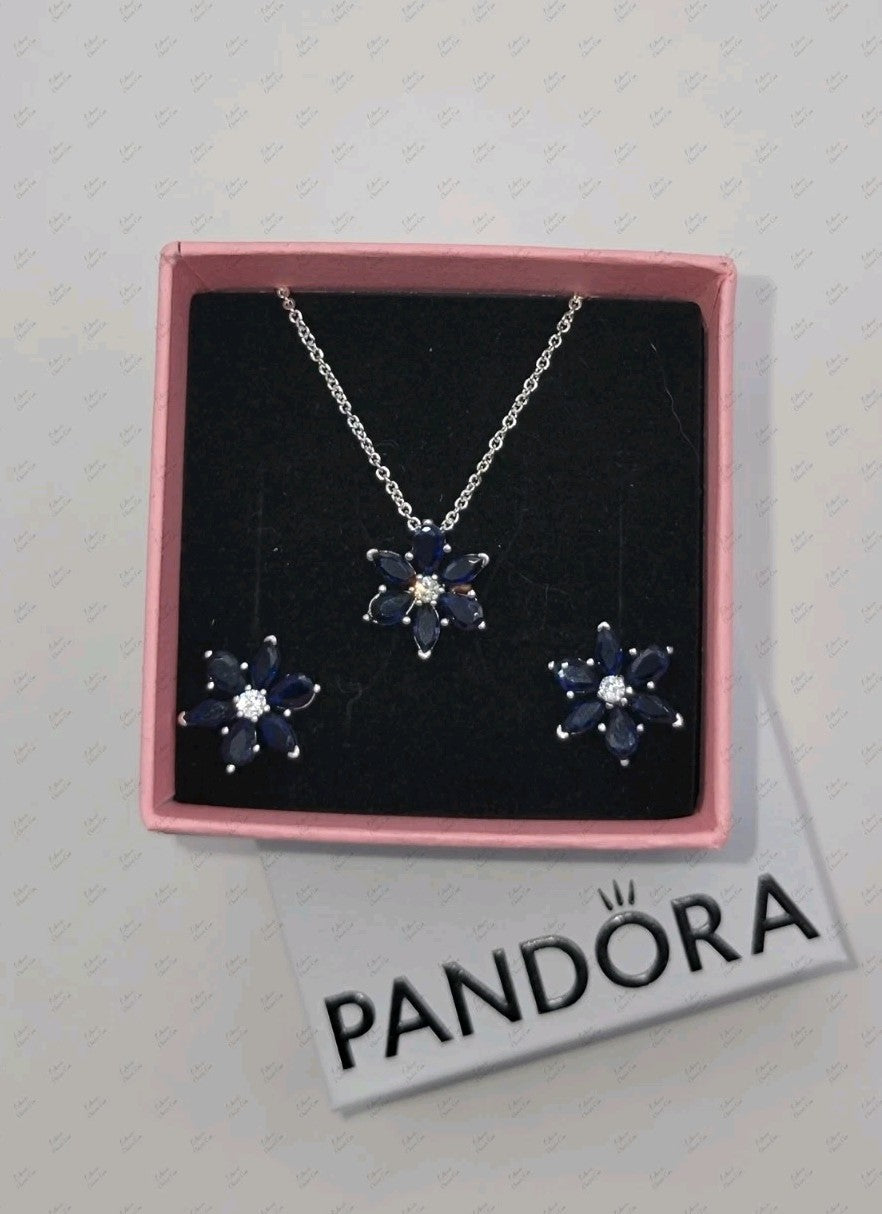 Authentic PANDORA Sparkling Blue Herbarium Cluster Necklace & Earrings Gift Set