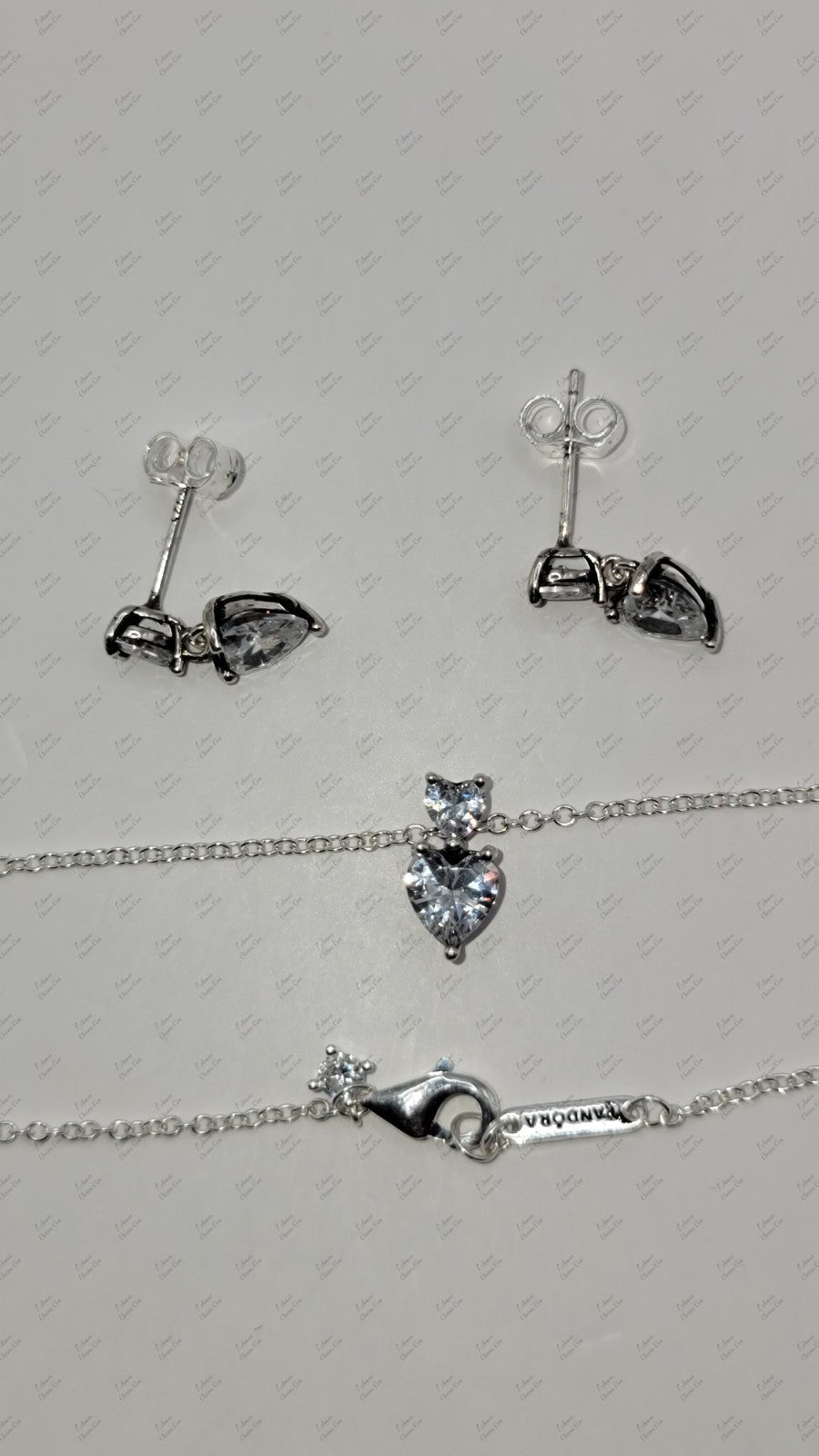 Authentic PANDORA Double Heart Pendant Sparkling Collier Necklace & Earrings Set
