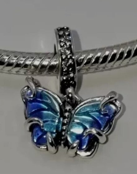 Authentic Pandora #792698C01 Blue Murano Glass Butterfly Dangle Charm in Box
