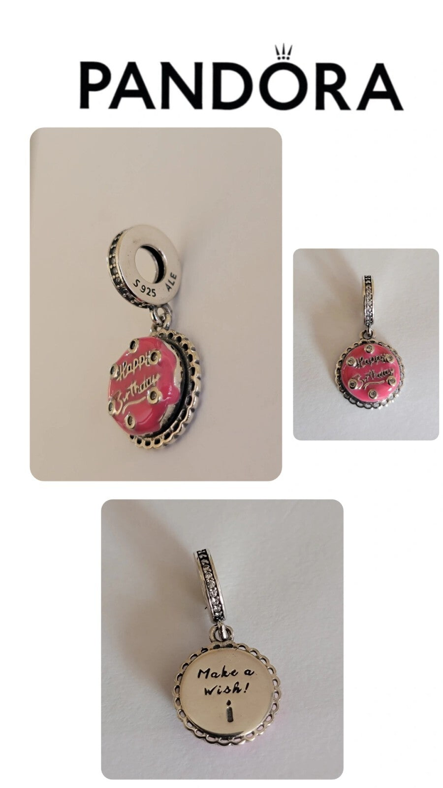Authentic Pandora #798888C01 Pink Birthday Cake Dangle Charm with CZ W/ Box A45