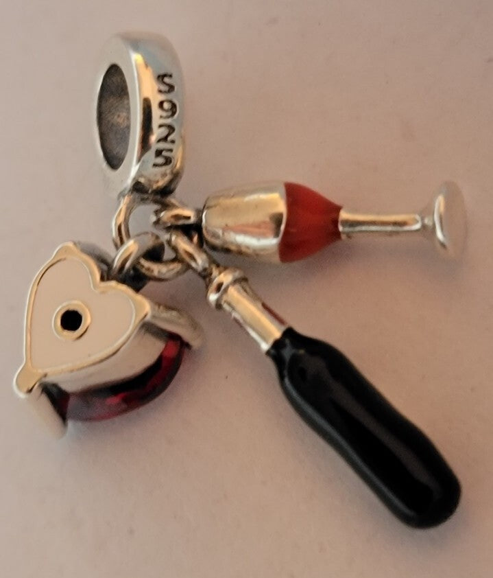 Authentic L'Amour Sterling Silver Triple Love Wine Dangle Charm Bead   A72