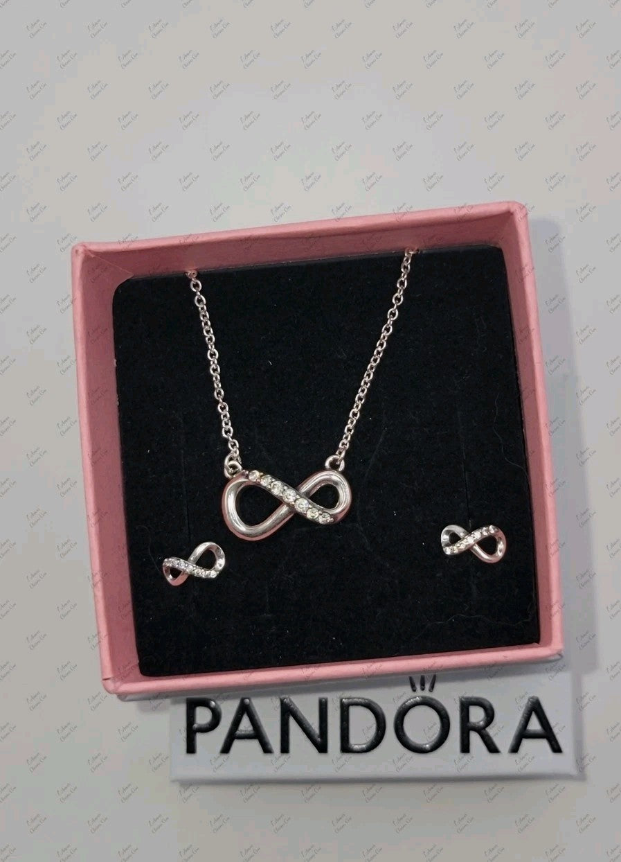 NEW PANDORA 925 Silver Sparkling Infinity Collier Necklace & Earrings Gift Set