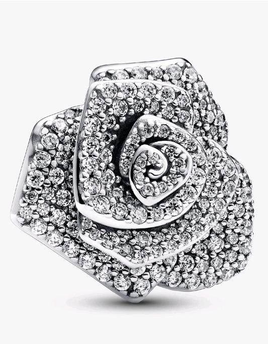 Genuine Pandora Silver Sparkling Rose in Bloom Oversized Charm #793245C01 w/ box
