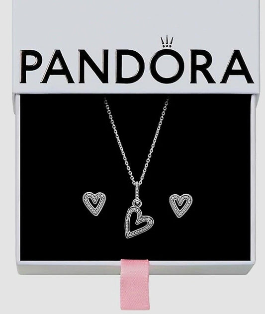 New Pandora Sparkling Heart Necklace & Earrings Gift Set with Box